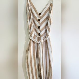 Kensie Tan and White Striped Cropped Jumpsuit in size XL with Belt